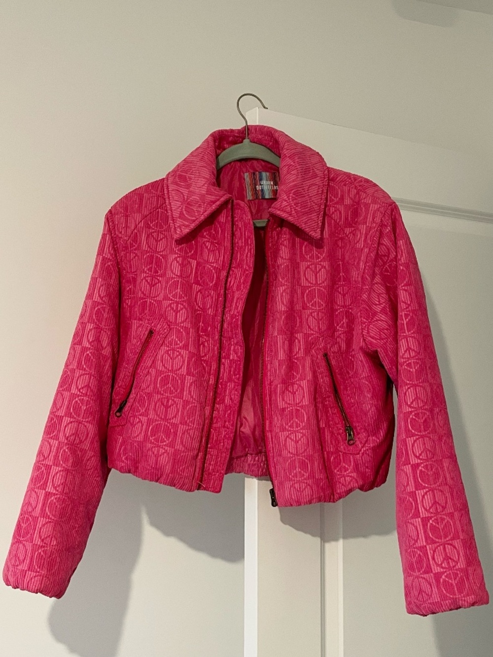 UO Embossed Pink Bomber Jacket, Relaxed fit, Pointed collar, Elastic hem